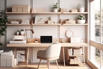 Minimal aesthetic home office interior design with laptop mockup and accessories on wood table against the white wall.