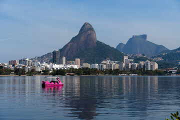 View of Rodrigo de Freitas Lagoon, south zone of Rio de Janeiro, Brazil. In the background, Dois...