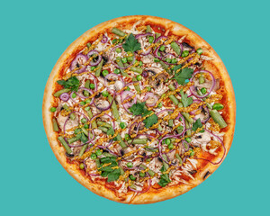 pizza with asparagus, spinach, red onion and french mustard on a green background, studio shot