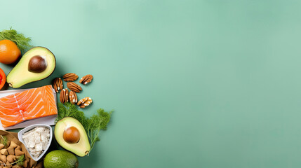 Top view of healthy food over a green background - obrazy, fototapety, plakaty