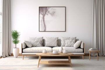 Modern interior design with mock up furniture in a white walled living room, featuring Scandinavian style and presented through a 3D render and illustration.