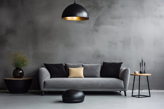 Modern and elegant living room interior with grey sofa, furnitures, round pedant lamp, black coffee table, decoration, pillow and accessories, on a concrete grunge wall.