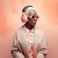 Obraz na płótnie Canvas Beautiful happy senior black woman with headphones listening to music.