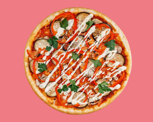 vegetarian pizza with eggplant, tomatoes, sweet peppers, mushrooms on a red background studio shooting