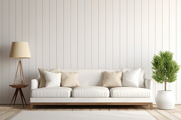 Mockup of a modern living room, featuring a white couch against a blank shiplap wall, rendered in 3D.