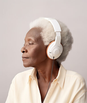 Beautiful Happy Senior Black Woman With Headphones Listening To Music.