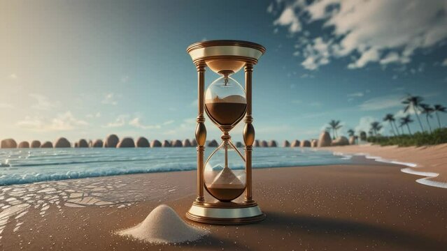 A sand clock on a sandy beach. Generative ai