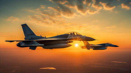 Fototapeta na wymiar Two f16 fighter jet flying at sunset with great speed. new technologies of military combat aviation concept. AI generated