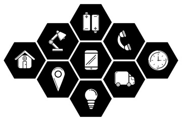 Digital png illustration of hexagonal icons with different objects on transparent background
