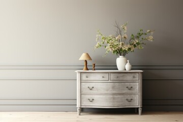 mockup of gray interior featuring dresser and decor.