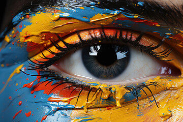 Close-up of an eye. Artistic makeup on the face of a Caucasian model. Colorful painting