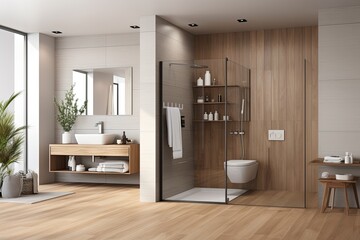 Fototapeta na wymiar Modern bathroom design with shower on podium, sink with mirror, deck decoration, and hardwood floor. Minimalist furniture adds style to the space. It is shown in a 3D render.