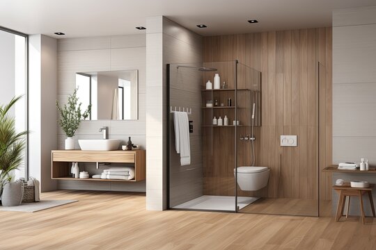Modern bathroom design with shower on podium, sink with mirror, deck decoration, and hardwood floor. Minimalist furniture adds style to the space. It is shown in a 3D render.