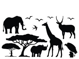 Silhouette of animals and trees in the savanna of Africa. Silhouette animals collection	
