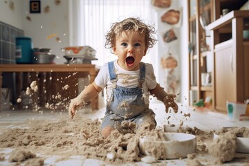 a playful hyperactive cute white toddler child misbehaving and making a huge mess in a kitchen, throwing around things, sand and food. Studio light