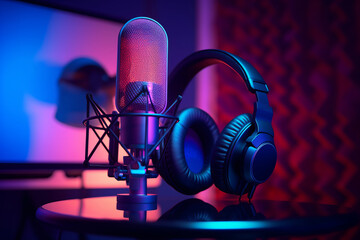 A close-up of a microphone and headphones for podcasting or ASMR sounds on black stand in a neon led lighting, cyan and magenta, in a sound recording studio. - obrazy, fototapety, plakaty