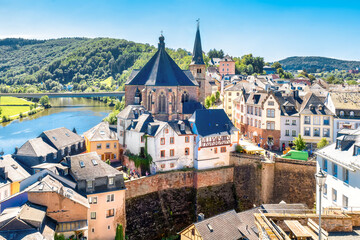 View of Saarburg town on Saar river, Saarland, Germany