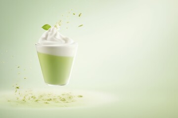 Advertisement studio banner with green tea matcha latte and whipped milk or cream foam splashes flying in the air on pastel gradient background. Food ingredient levitation