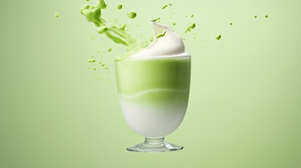 Advertisement studio banner with green tea matcha latte and whipped milk or cream foam splashes flying in the air on pastel gradient background. Food ingredient levitation