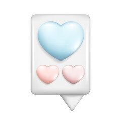 Realistic 3d white glossy speech bubble with colorful hearts. Cartoon 3d message box symbol, chatting box, chat dialogue icon with love concept. Vector illustration isolated on white background