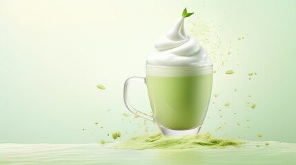 Advertisement studio banner with green tea matcha latte and whipped milk or cream foam splashes flying in the air on pastel gradient background. Food ingredient levitation