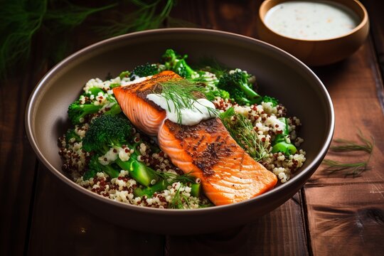 a quinoa bowl with steamed broccoli and grilled salmon with sesame seeds and green onions as topping on kitchen napkin, dark wooden background