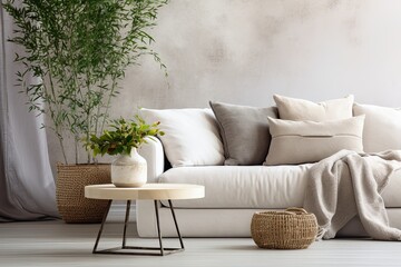 Modern home decor with a design sofa, marble side table, plant, pillow, blanket, book, and personal accessories in a stylish living room at a fancy home. Template. Copy space.