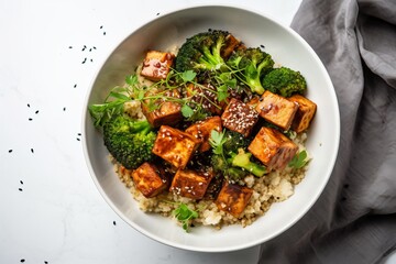 a quinoa bowl with steamed broccoli and smoked tofu cubes in teriyaki sauce with sesame seeds and...