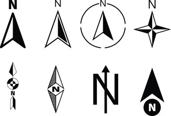 North arrow icon set. GPS north pointer for navigation signs. Compass north arrow. - obrazy, fototapety, plakaty