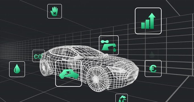 Animation of network of eco icons over 3d car drawing - Powered by Adobe