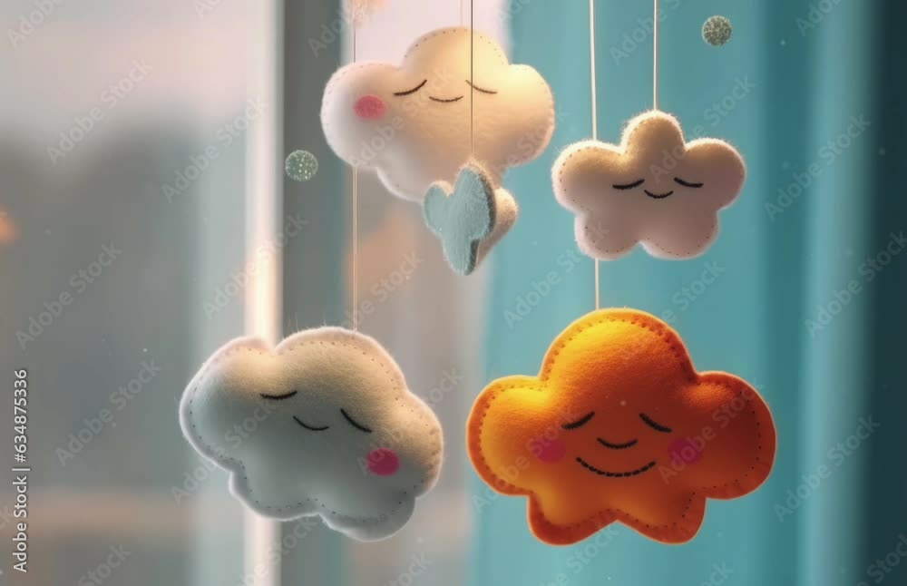Aufkleber Clouds suspended by strings near a window, creating a whimsical and dreamlike atmosphere. Generative ai