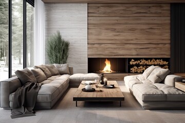 Minimalistic living room interior in modern home, .