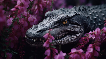 Scary crocodile on the background of purple flowers