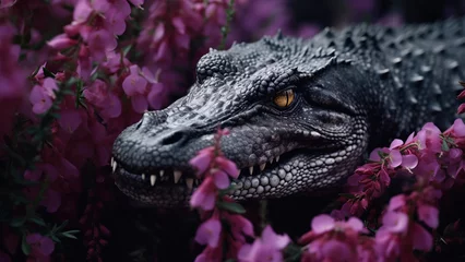 Poster Scary crocodile on the background of purple flowers © Andrii