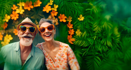 Portrait of happy Couple of mature aged people in sunglasses enjoying and having fun in vacations on green background. Travel and travelers lifestyle