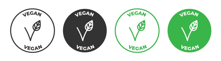 100% vegan food icon set in black and green color. vegan friendly vector symbol. vegan stamp label sticker sign. - obrazy, fototapety, plakaty
