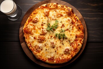 Freshly baked american pan pizza with four sorts of cheese, marinara and fresh herbs on a wooden board, restaurant dish