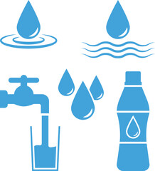 Water Drops, Tap and Drinking Water Bottle Icon Set
