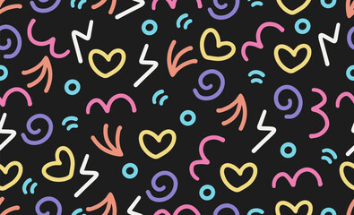 Vector colorful line doodle seamless pattern. Creative abstract style art symbol background for children or celebration design with basic shapes. Simple childish scribble wallpaper print.
