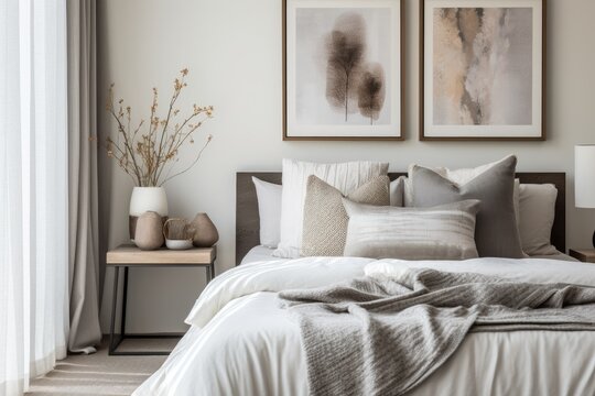 Modern bedroom interior design with brown and grey bedding, decorative items, and personal accessories.
