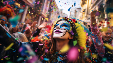 Lively Mardi Gras scene with masked revelers dancing amid floating confetti and vibrant feathers in the streets - obrazy, fototapety, plakaty
