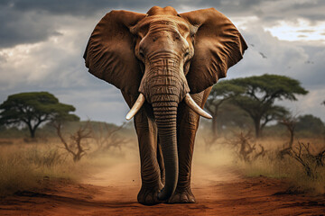 Fototapeta na wymiar An elephant gracefully walking across the vast savanna, a symbol of strength and serenity
