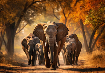 Elephant herd walking in savanna