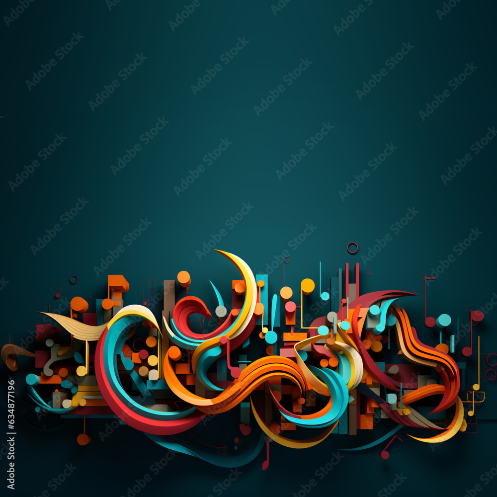 Wall mural modern multicolor music background with abstract structure and musical notes, futuristic and surreal