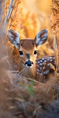 Photo sur Plexiglas Antilope baby fawn is peeking out of the tall grass - wildlife and protection concept - generative AI