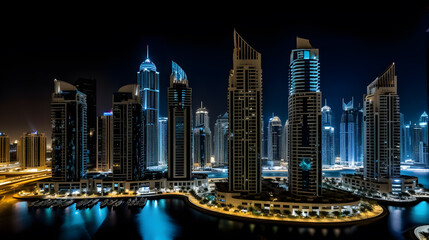 Naklejka premium Downtown cityscape by night, glowing lights - generative AI