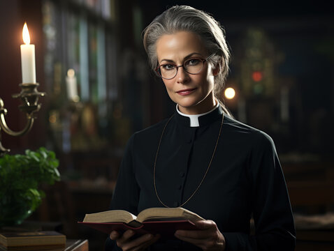 Elderly woman priest in church