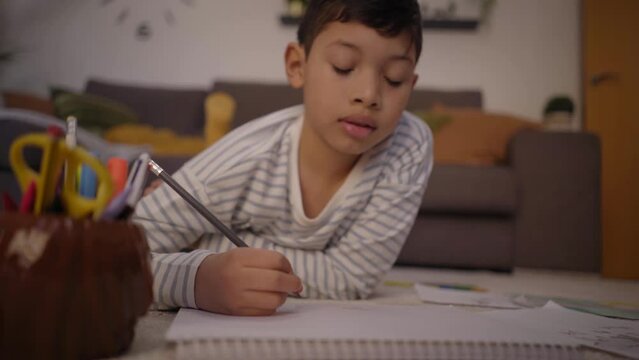 Latin boy focused on homework painting in notebook in living room. Children on the carpet at home drawing in their free time. Concept of entertainment and kid development.