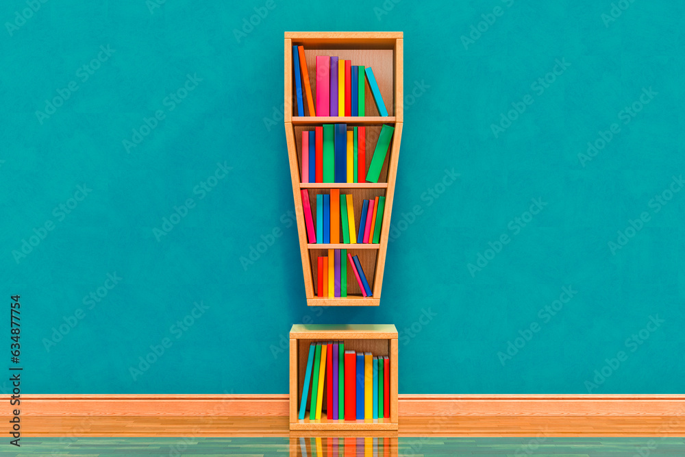 Fototapete exclamation mark as bookshelf with books in the room near wall, 3d rendering