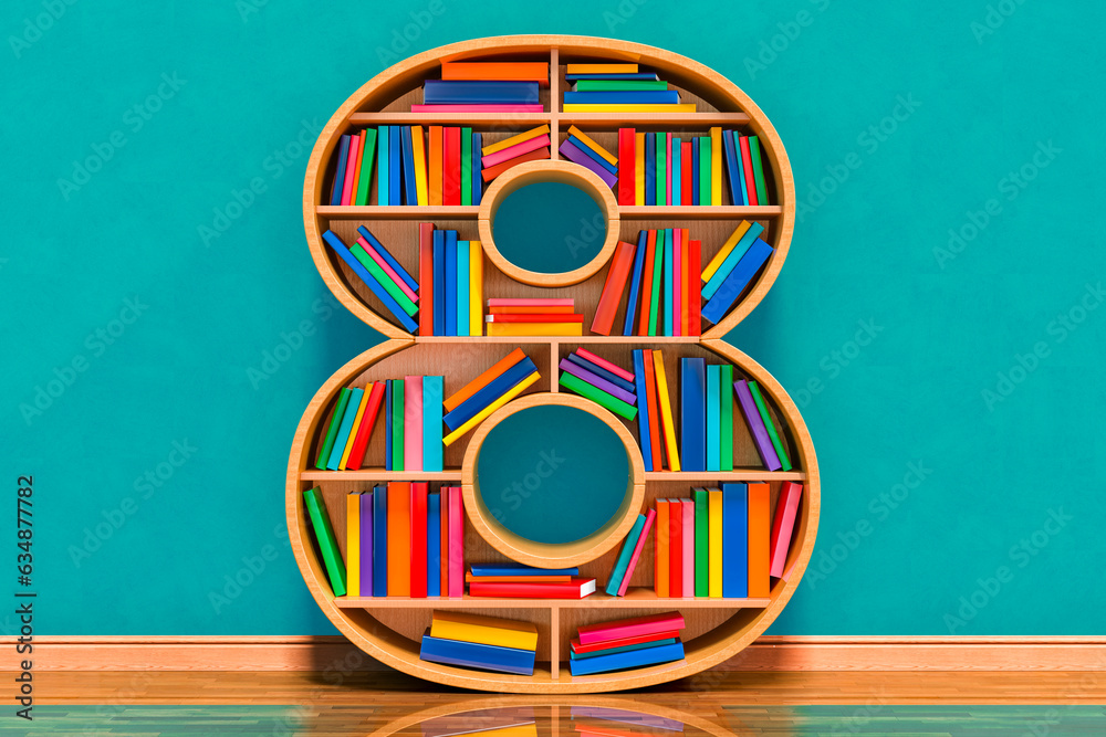 Fototapete number 8 in the form of shelves with books in the room near wall, 3d rendering